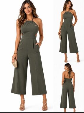 NWT Romeo + Juliet Couture Olive Green Halter Cutout Wide Leg Jumpsuit — Size M